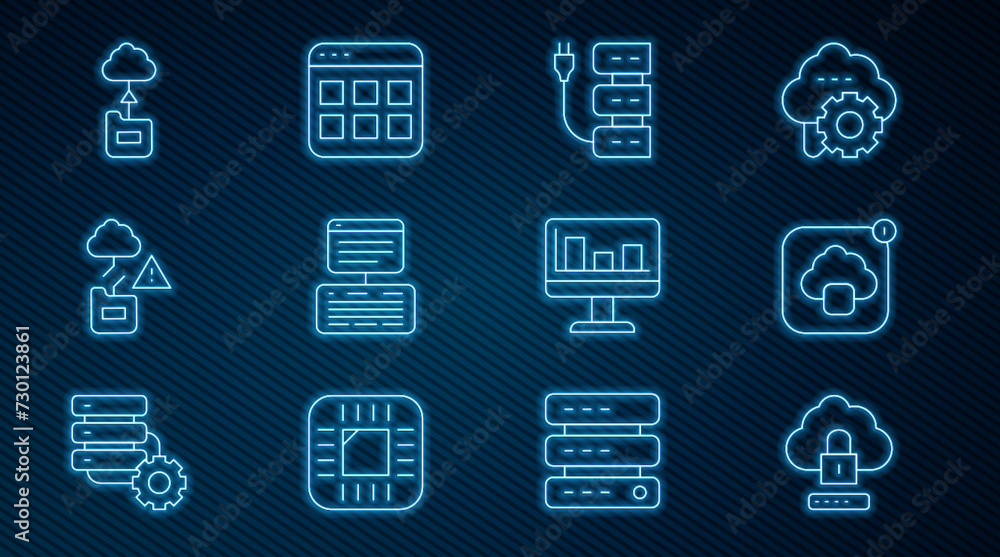 Poster set line cloud computing lock, technology data transfer, server, server, data, web hosting, monitor 