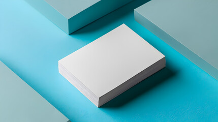 Stack of blank white business cards, blue background