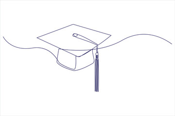 Graduation cap and diploma in continuous one line drawing illustration. Line art graduation education vector.
 - obrazy, fototapety, plakaty