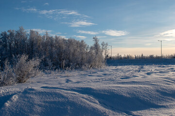 Idyllic panoramic view of a beautiful white winter wonderland scenery in Scandinavia with scenic...