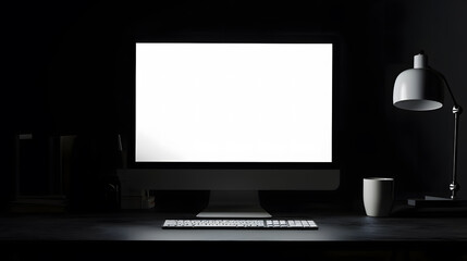 Computer mockup with blank white screen on black background