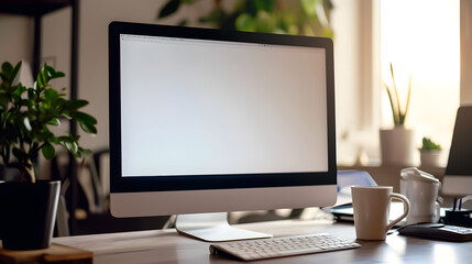  Computer mockup with blank white screen on the table