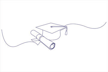 Fototapeta premium Graduation cap and diploma in continuous one line drawing illustration. Line art graduation education vector. 