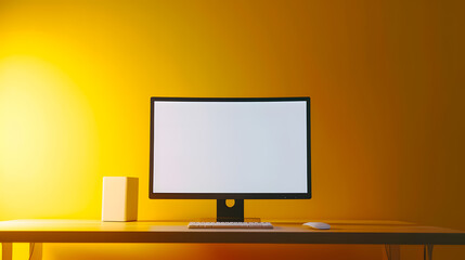 Computer mockup with blank white screen on yellow background