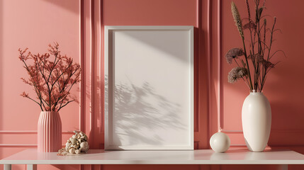 Blank white frame mockup on the pink wall background