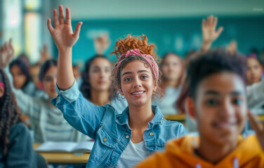 Enthusiastic Students Raising Hands in a Diverse Classroom