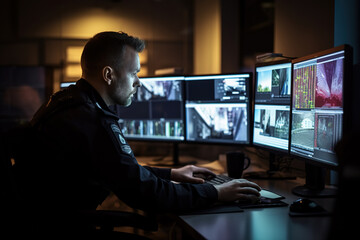 Male police officer monitoring CCTV cameras in a surveillance room.