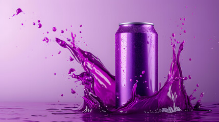 Blank purple soda can mockup with purple juice splashes around