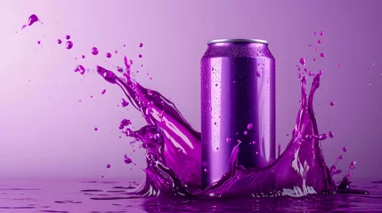  Blank purple soda can mockup with purple juice splashes around © DimaSabaka