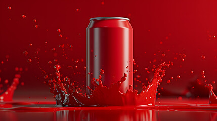 Blank red soda can mockup with red juice splashes around - obrazy, fototapety, plakaty