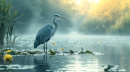 A serene Great Blue Heron stands gracefully among water lilies in a tranquil, misty wetland at dawn. - obrazy, fototapety, plakaty