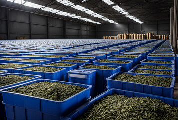 Tea factory. Background of ceylon tea in plastic boxes in warehouse for storage and shipment of goods at manufacturing plant in Sri Lanka. Production concept. High quality photo. Copy ad text space - obrazy, fototapety, plakaty