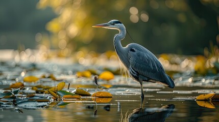 At dawn, amidst a tranquil, misty wetland, a serene Great Blue Heron stands gracefully among water lilies, its presence evoking a sense of tranquility and beauty - obrazy, fototapety, plakaty