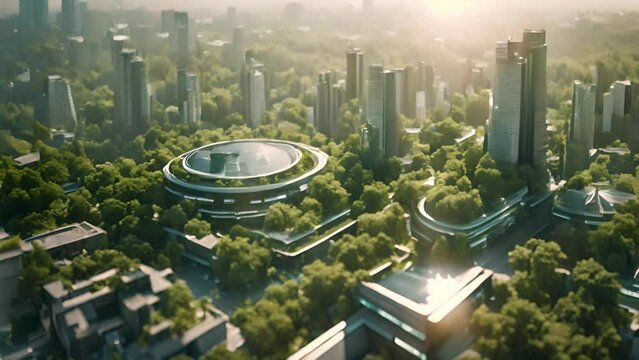 A cityscape with towering skyscrapers and lush greenery, featuring sustainable designs that harmonize buildings with nature, presenting a vision for a new urban future.
