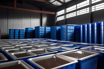 Tea manufacturing plant. Close up of dark warehouse room background at ceylon tea in plastic containers for storage on factory in Sri Lanka. Production concept. High quality photo. Copy ad text space - obrazy, fototapety, plakaty