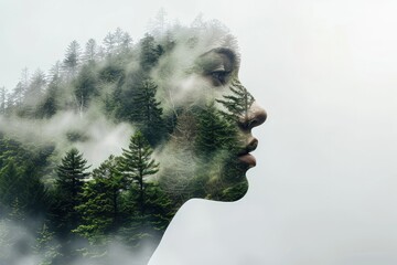Woman's face with forest landscape in the background. Generate AI image