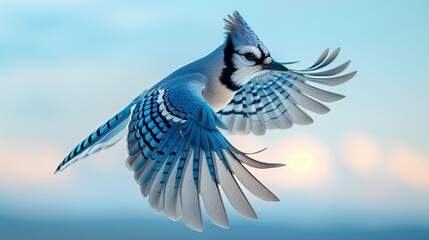 Mid-flight against a clear sky, a Vivid Blue Jay showcases its striking blue and white plumage, adding a burst of vibrant color to the serene backdrop