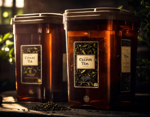 Tea manufacturing plant. Close up of dark warehouse room background at ceylon tea in plastic containers for storage on factory in Sri Lanka. Production concept. High quality photo. Copy ad text space - obrazy, fototapety, plakaty