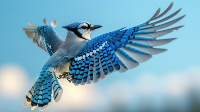 Vivid Blue Jay captured mid-flight, showcasing its striking blue and white plumage against a clear sky.