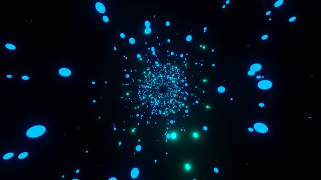 Abstract animated illustration of glowing neon particles on black background