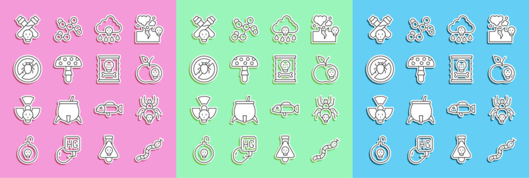 Set line Snake, Poisonous spider, apple, Acid rain, Fly agaric mushroom, Stop colorado beetle, Bottle with potion and Radioactive waste barrel icon. Vector