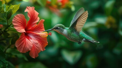 Fototapeta premium In a graceful display of nature's harmony, a delicate hummingbird effortlessly hovers near a vibrant red hibiscus, illustrating the enchanting relationship between flora and fauna