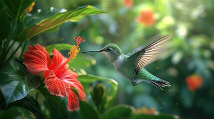 Fototapeta premium A delicate hummingbird hovers effortlessly near a vibrant red hibiscus, showcasing the dance between flora and fauna.