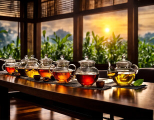Tea factory. Set of variety ceylon teas on wooden table in meeting room at manufacturing plant in Sri Lanka. Demonstration tea for client. Production concept. High quality photo. Copy ad text space - obrazy, fototapety, plakaty