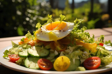 Indulge in the goodness of nature with a delightful fresh salad with poached egg, cucumber, cherry tomatoes and fresh sprouts in the sunny outdoors. Healthy Mediterranean fare.
