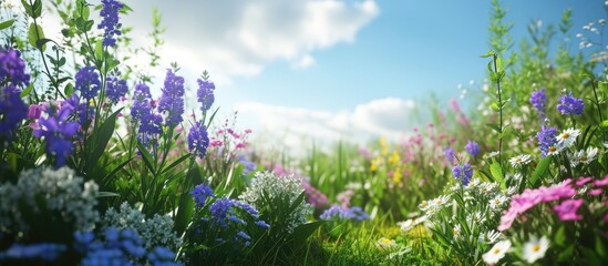 Gorgeous flowers in purple, blue, and white bloom amidst stunning greenery under a bright, sunny sky.