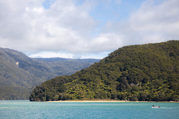 abel tasman coast in new zealand with mountain