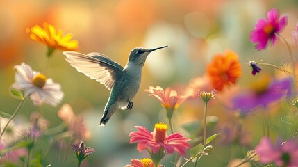 Fototapeta premium With exquisite precision, a hummingbird hovers among vibrant garden flowers, its wings a blur of motion, creating a mesmerizing display of agility and grace.