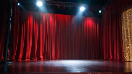 Empty Stand-Up comedy platform with falling red confetti under the glare of the spotlight. Design and advertising signage banner concept