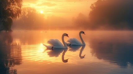 Two elegant swans glide on a tranquil lake, enveloped in the soft mist of an ethereal sunrise.