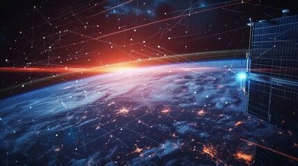 Global Connectivity: Satellite Network in Earth's Orbit at Dusk Keywords