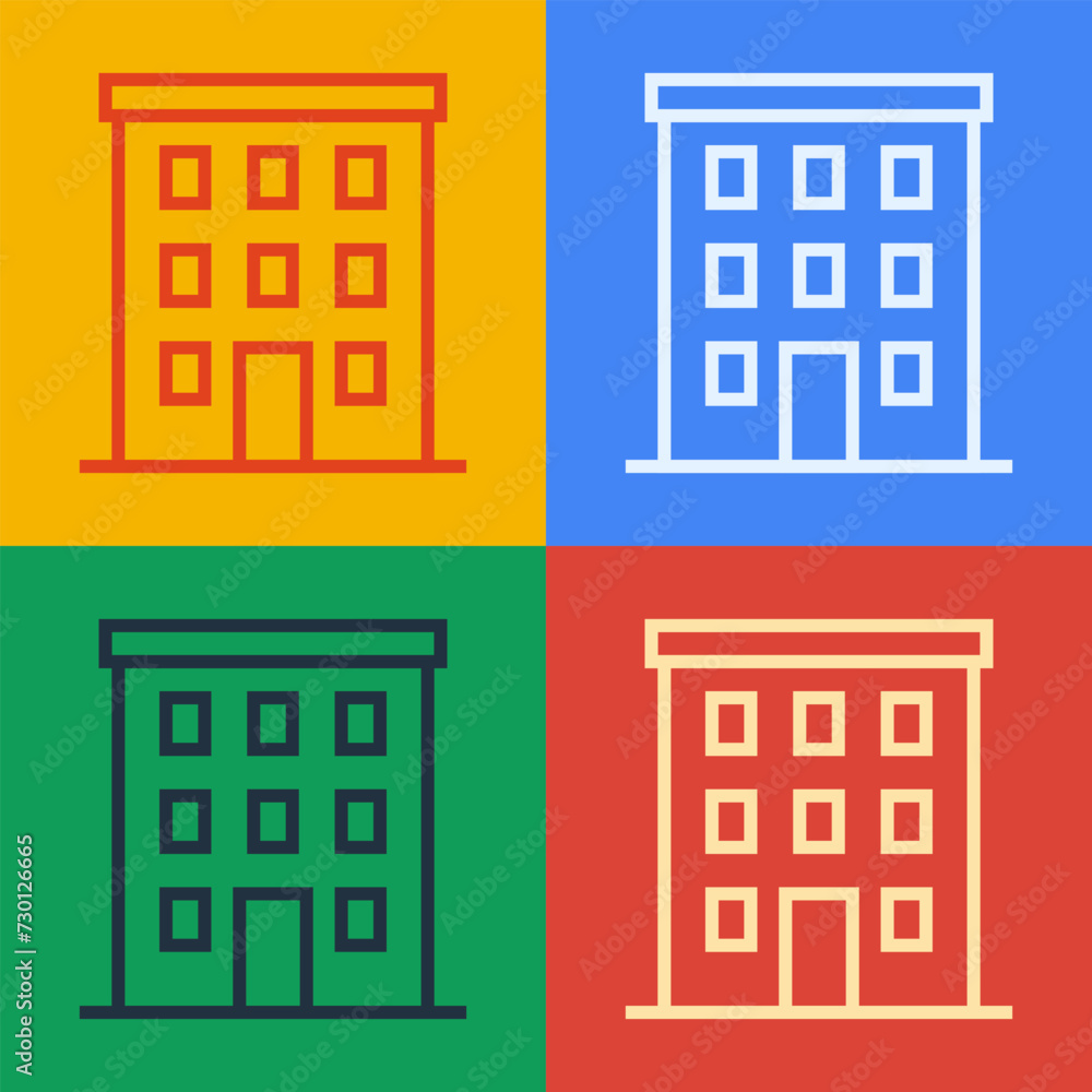 Aufkleber pop art line multi storey building icon isolated on color background. vector