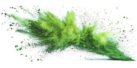 Fototapeta na wymiar green splash painting on white background, green powder dust paint green explosion explode burst isolated splatter abstract. green smoke or fog particles explosive special effect