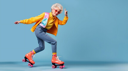 Beautiful old woman, grandmother in stylish clothes posing on vintage roller skates over blue studio background. Concept of age, fashion, lifestyle, emotions