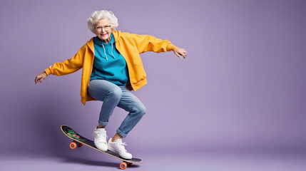 Beautiful old woman, grandmother in stylish clothes jumping on skateboard over lavender studio background. Concept of age, fashion, lifestyle, emotions