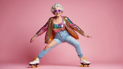 Beautiful old woman, grandmother in stylish clothes posing on vintage roller skates over pink studio background. Concept of age, fashion, lifestyle, emotions