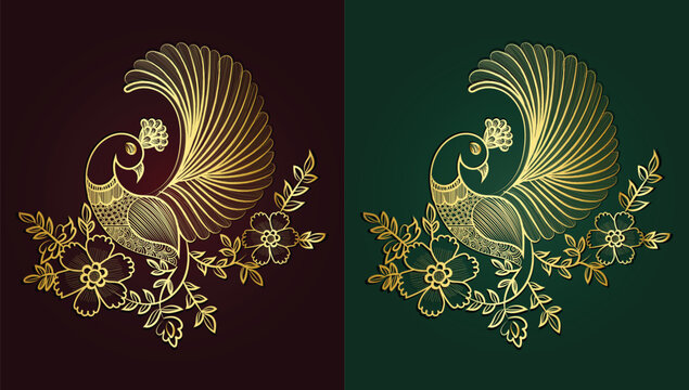  Golden Peacock and flower hand drawn design