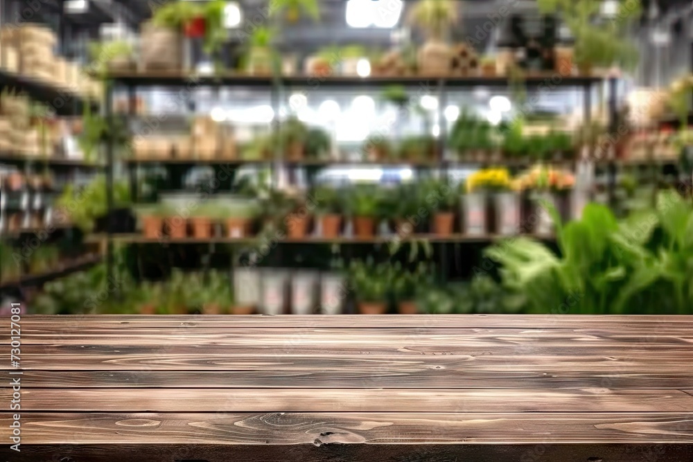 Poster spacious wooden table set for product display in blurred cafe or restaurant setting with counter ado