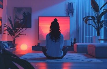 Silhouette of woman meditating to sunset on TV