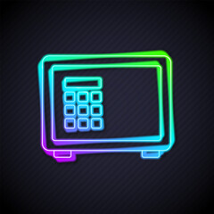 Glowing neon line Safe icon isolated on black background. The door safe a bank vault with a combination lock. Reliable Data Protection. Vector
