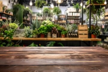 Fototapeta na wymiar Spacious wooden table set for product display in blurred cafe or restaurant setting with counter adorned by potted plants in background scene blends modern design with touch of nature and vintage