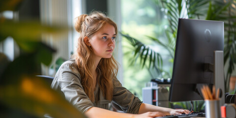 young beautiful woman working at the office front of the computer in pretty nude makeup