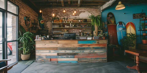 Reception desk of a boho style hostel at the sea near the bech, desk made from different wood plank brick wall tropical room plants surf board edison bulb interior