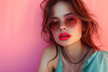 Fototapeta premium a girl sitting in sunglasses with lipstick