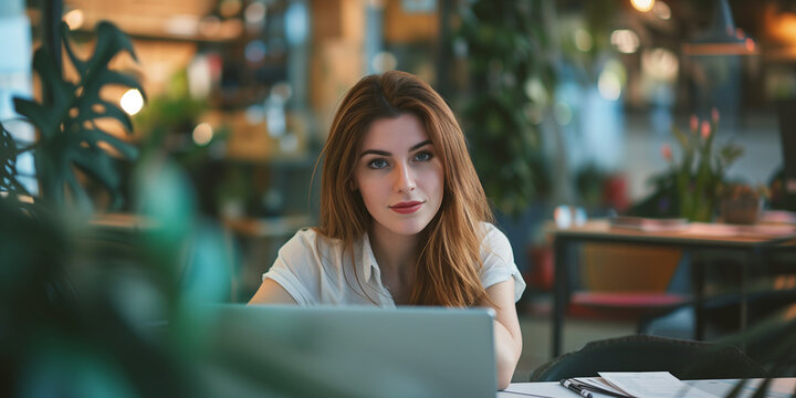 young beautiful woman working at the office front of the computer in pretty nude makeup
