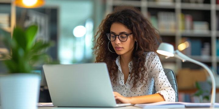 mixed ethnic young beautiful woman working at the office front of the computer in pretty nude makeup curly hair glasses